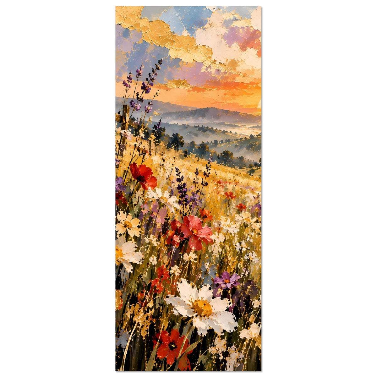 Hochkant-Landschaftsposter mit Blumenfeld und Mohnblumen, Abendhimmel und Sonne