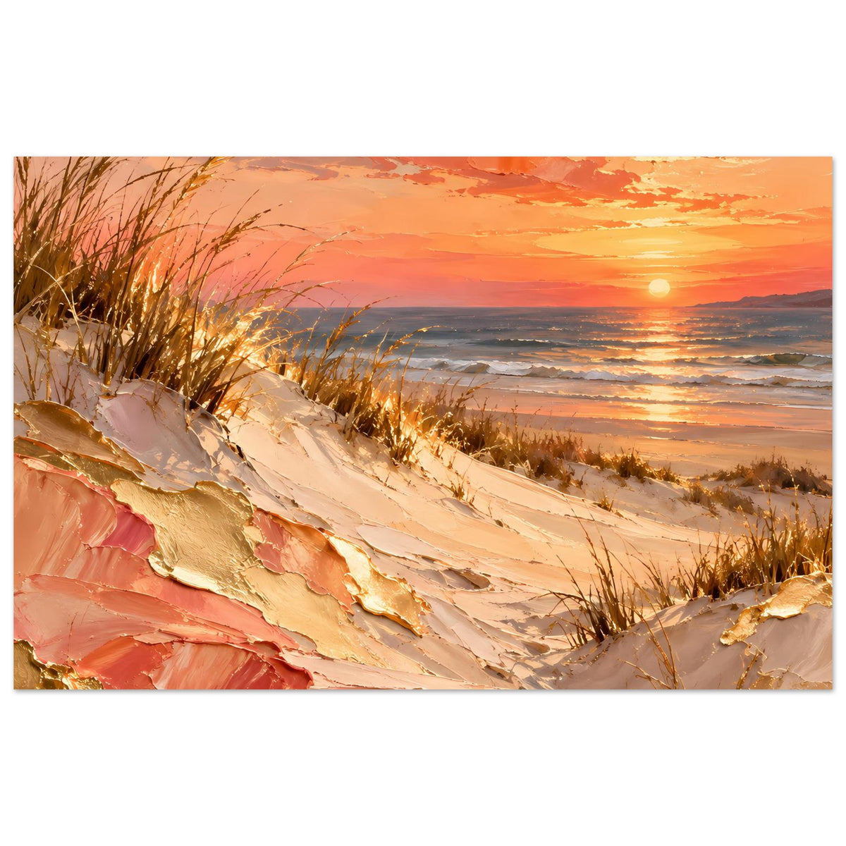Meerposter mit Stranddünen, goldenen Highlights und Pfirsich-Sonnenuntergang über dem Wasser