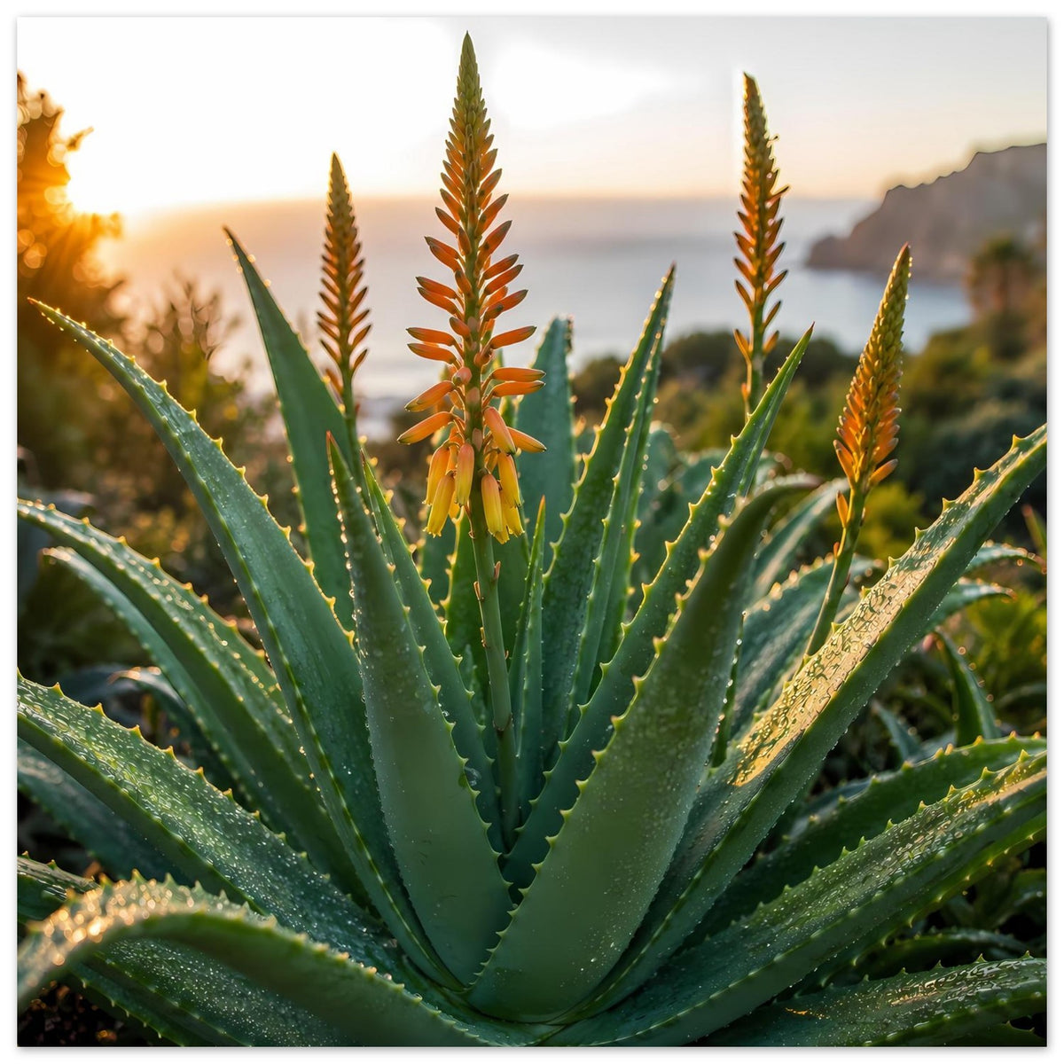 Poster mit grüner Aloe-Rosette und orangefarbenen Blütenkolben, große Ansicht