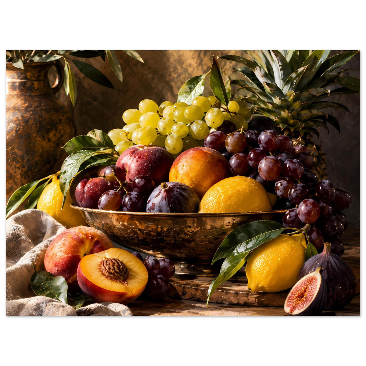 Poster mit Obststillleben, große Fruchtschüssel mit Weintrauben, Orange, Zitrone und Feigen