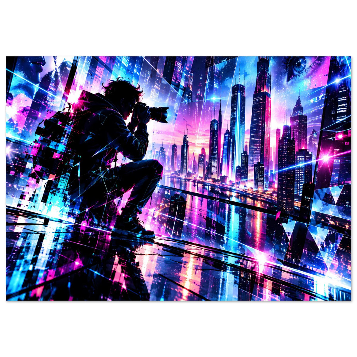 Neon-Cyberpunk-Stadtposter mit Silhouette am Vorderrand und futuristischen Wolkenkratzern