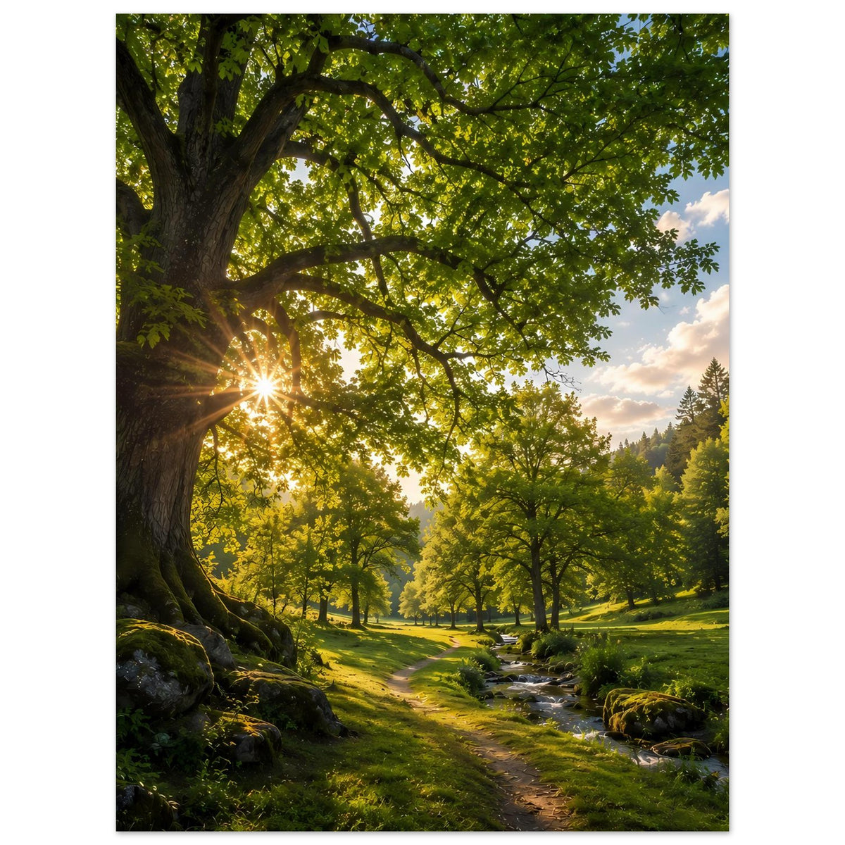 Waldweg-Poster im Hochformat: großer Baum, Sonnenschein und grüner Pfad mit Bach