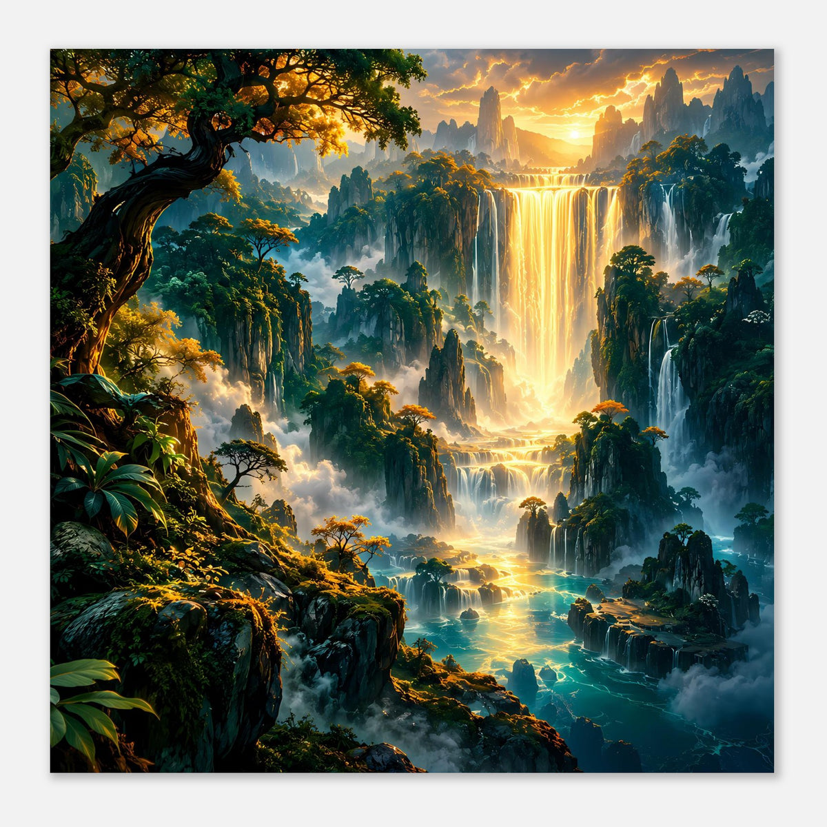 Fantasy-Landschaftsposter im Hochformat, close crop: goldenes Wasserfall-Leuchten über Fluss