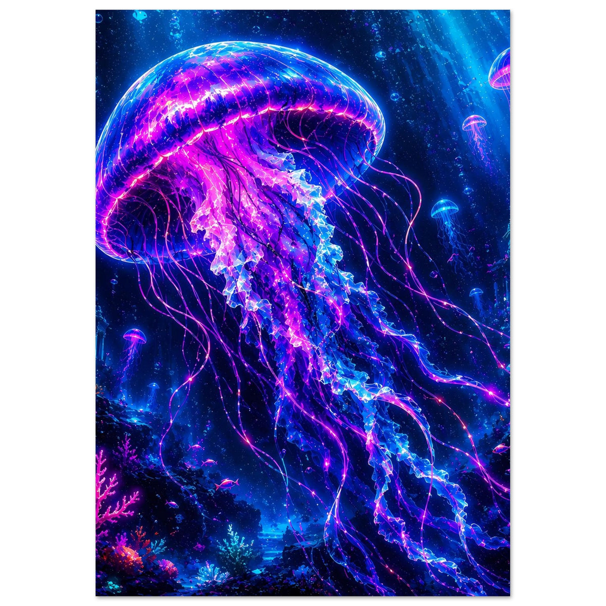 Leuchtende Qualle mit blau-violetten Lichtlinien und langen schimmernden Tentakeln