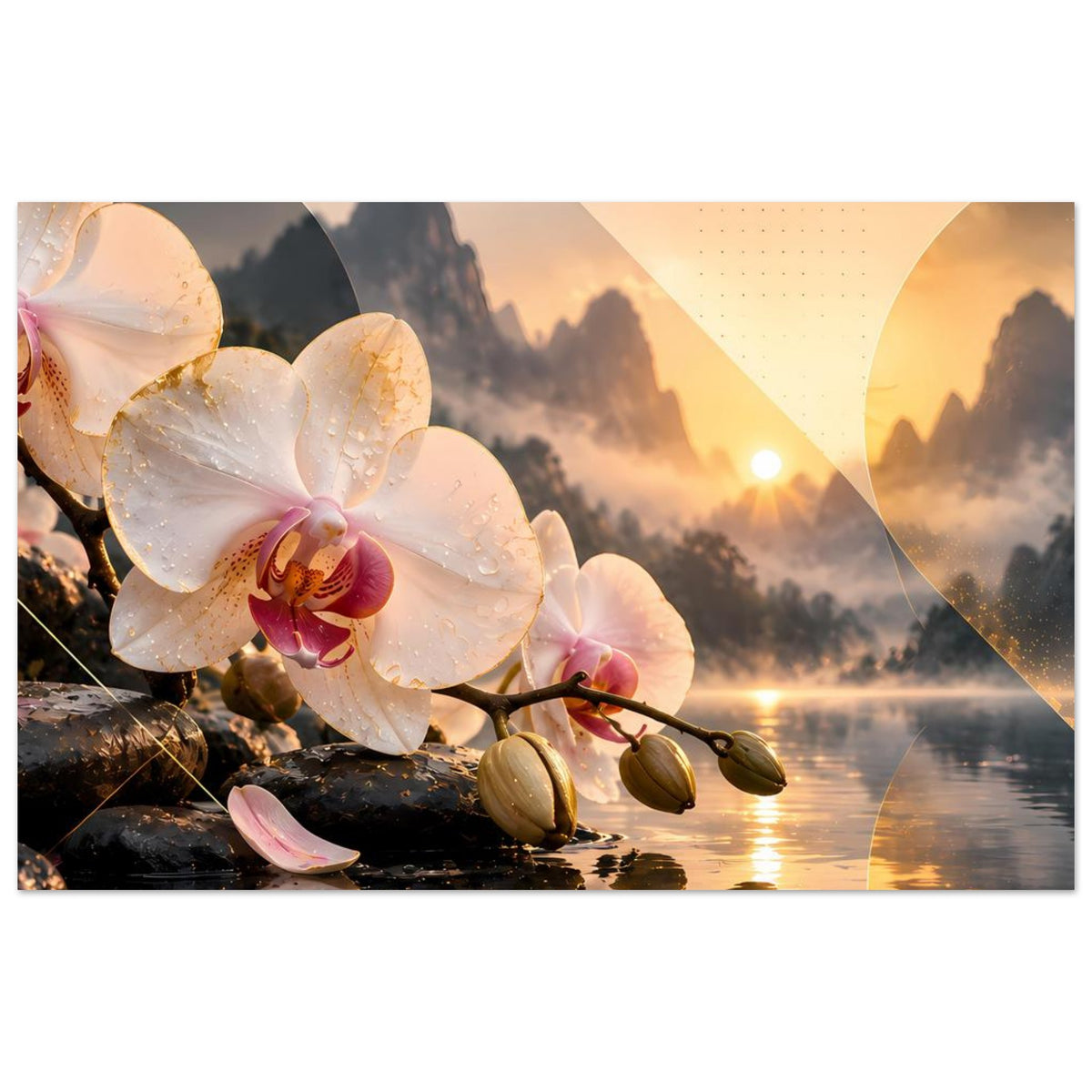 Flaches Poster im Rahmen: weiße Orchideenblüten, Sonnenuntergangslandschaft mit warmen Farben.