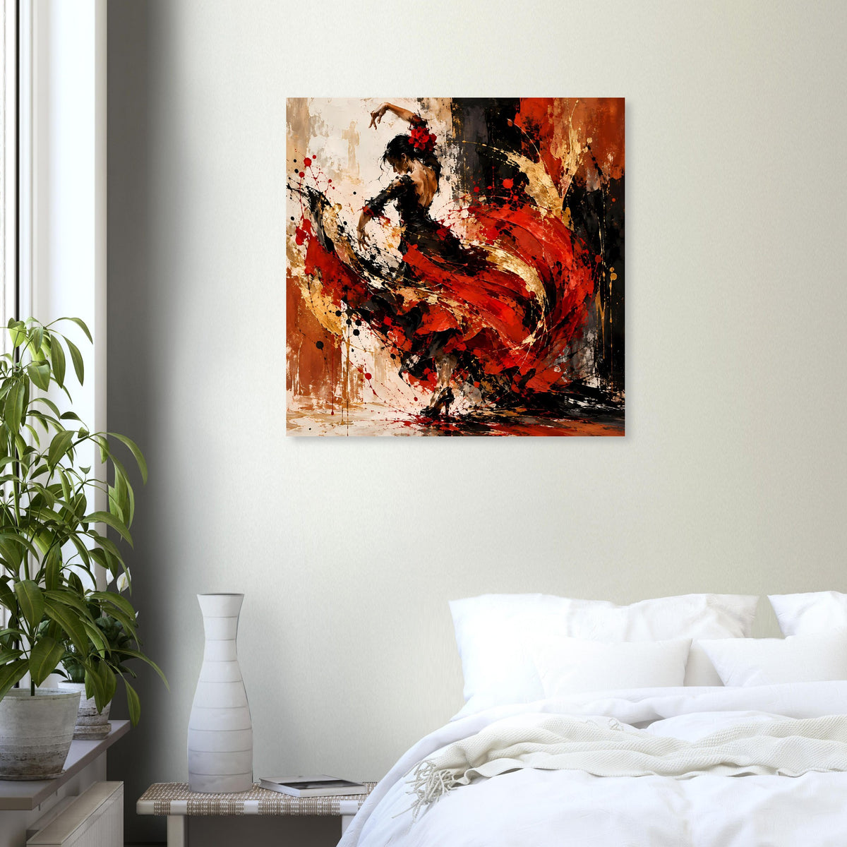 Poster mit Flamenco-Tänzerin, rote und schwarze Pinselspuren, dynamische Farbflächen