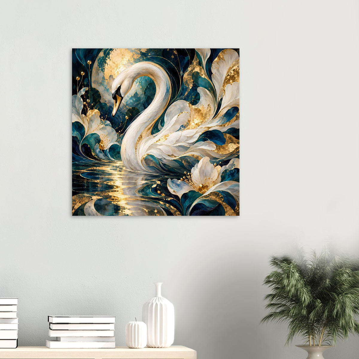 Quadratisches Wandposter mit weißem Schwan in türkis-goldenen Wellen und Spritzern