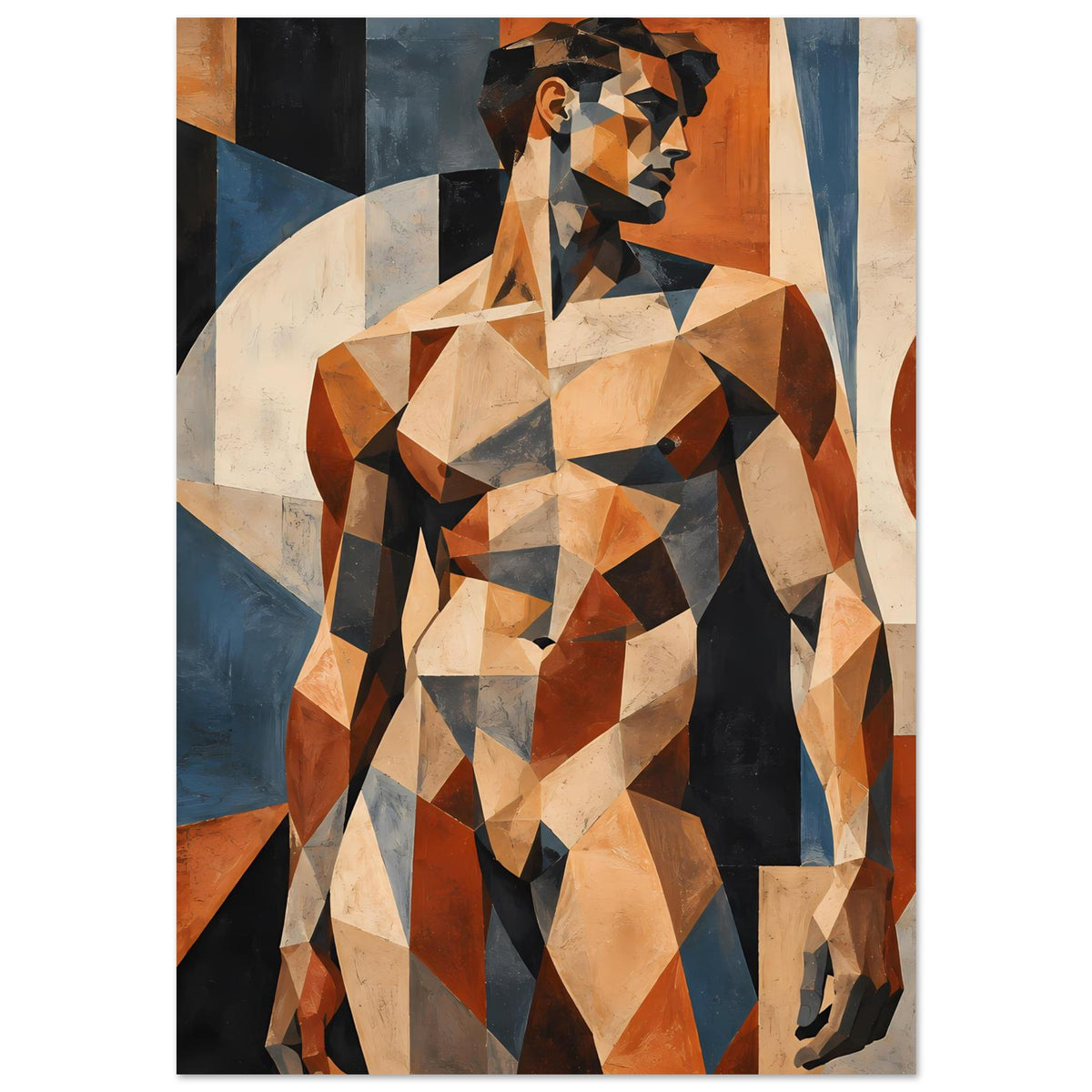 Posterdruck einer geometrischen Aktfigur (Mann) mit Faltkanten, warmes Farbspiel