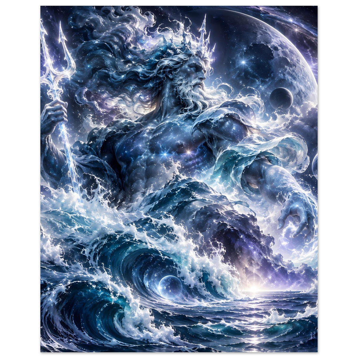 Poster mit Meeresgott-Figur, leuchtendem Dreizack, blauen Schleierwellen und Planet