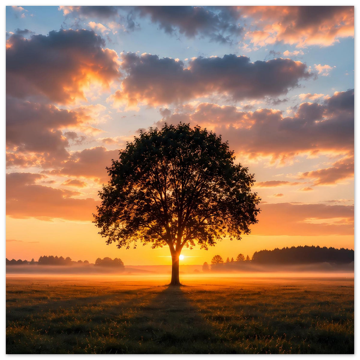 Baum-Poster, Einzelbaum und Sonnenuntergang mit dramatischen Wolken über dem Feld
