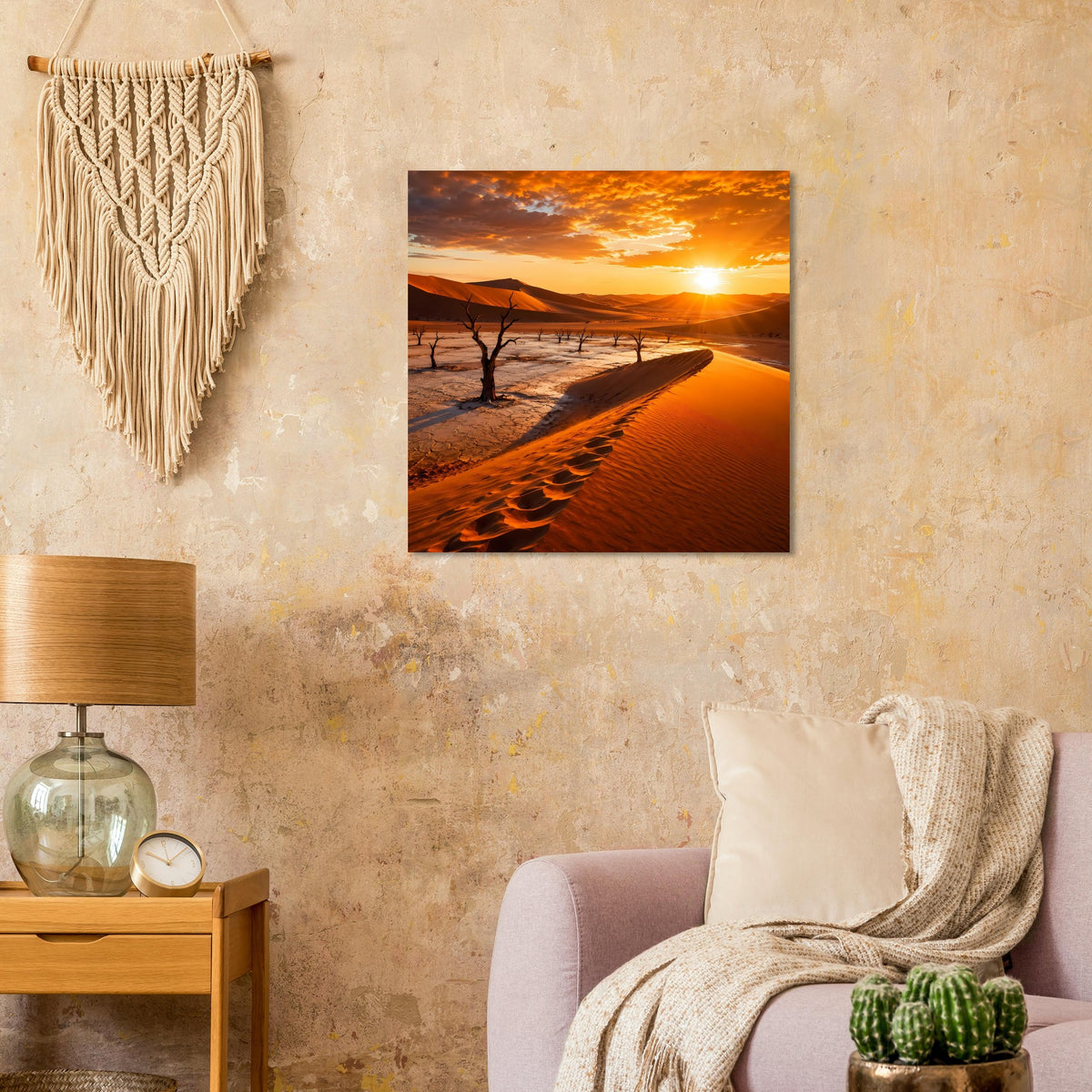 Wüstenlandschafts-Poster mit Sonnenuntergang über Dünen, Baum-Silhouette links und rötlich-orange Himmel