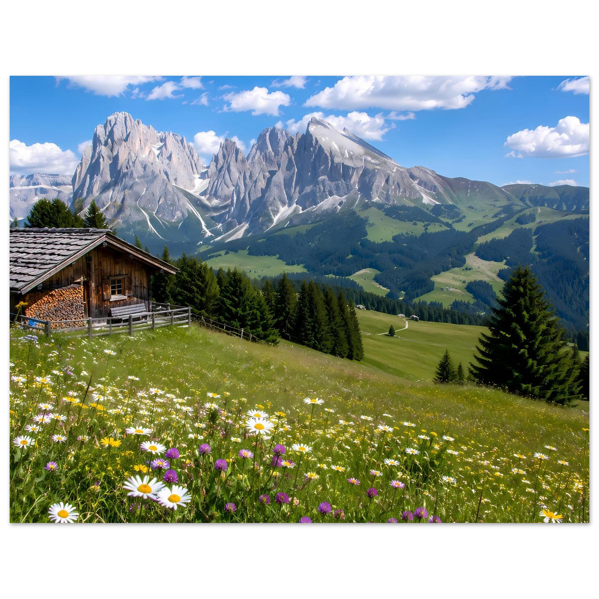 Alpenlandschafts-Poster: grüner Wiesenhang mit Blumen, Bauernhaus links und schroffe Berge
