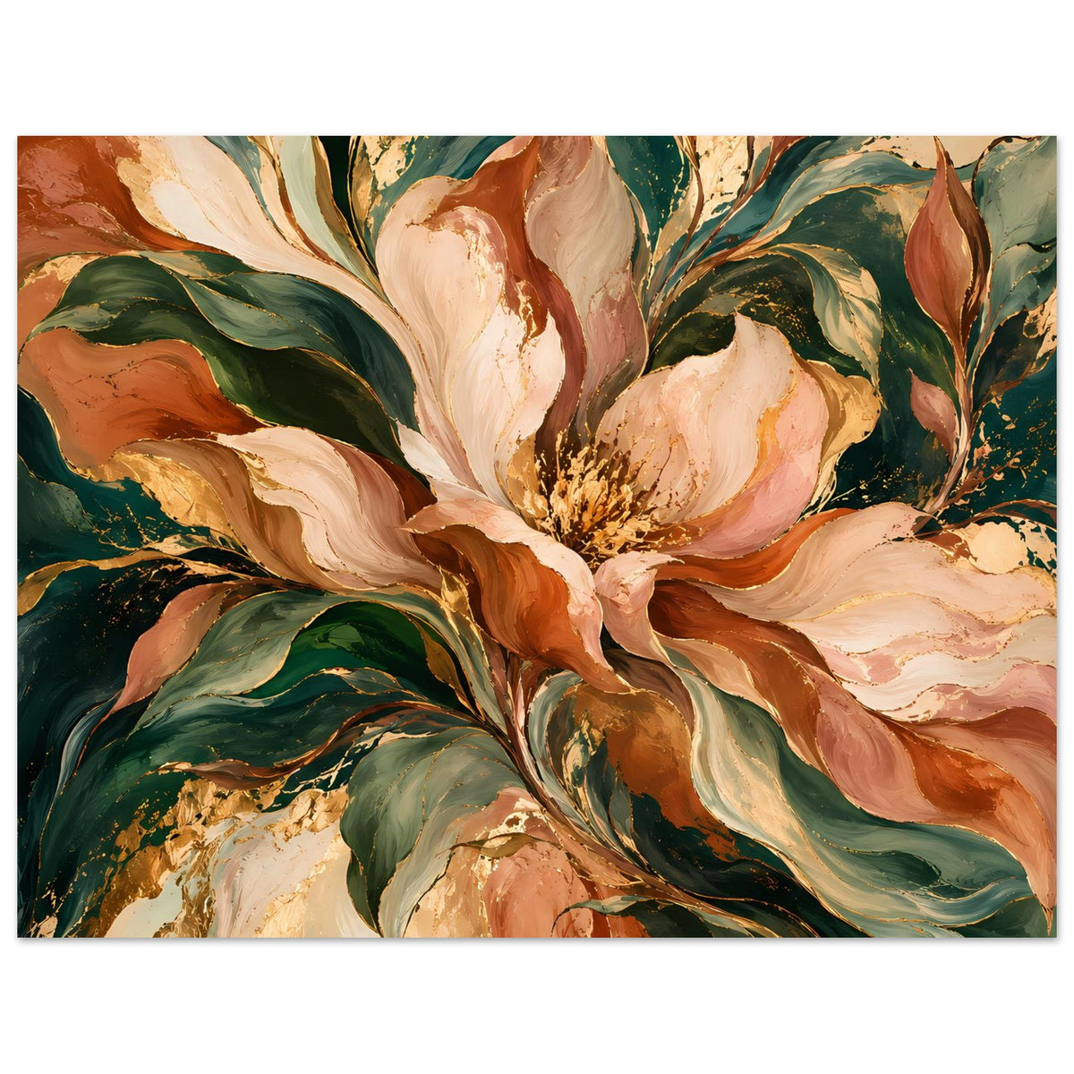 Horizontales Blumenposter mit Pfingstrosen in Creme-Terrakotta und dunkelgrünen Blättern