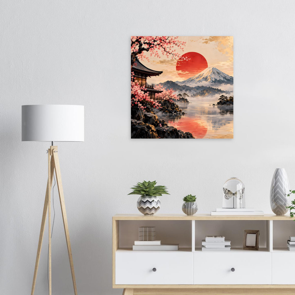 Poster mit japanischer Landschaft: roter Mond, Kirschblüten, Berge und See