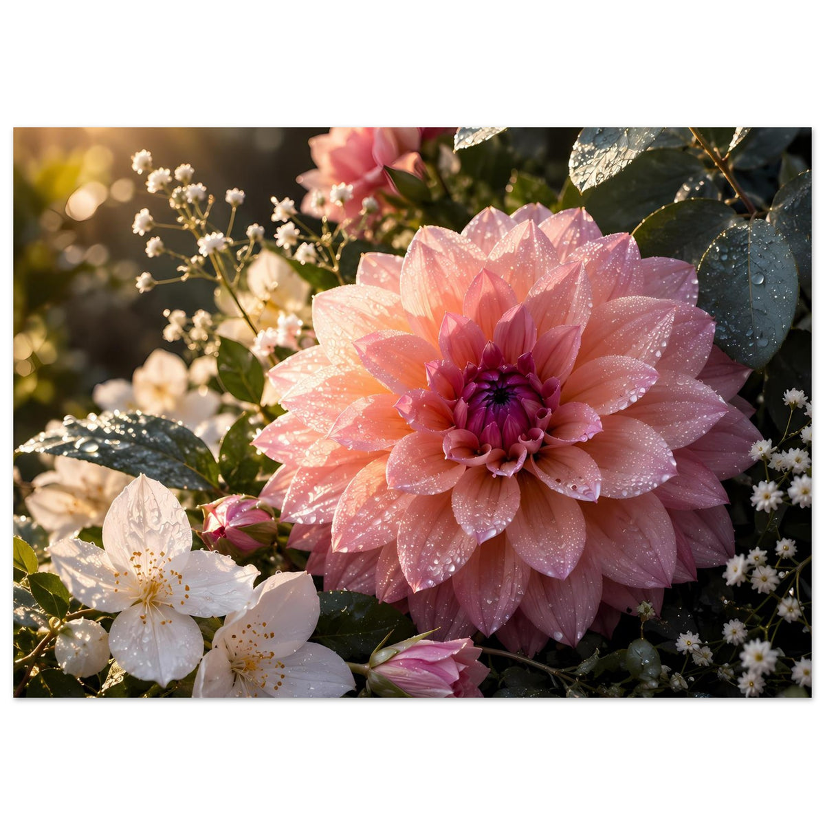 Horizontales Blumenposter: große rosa Blüte mit weißen Blüten und glänzenden Blättern mit Tau