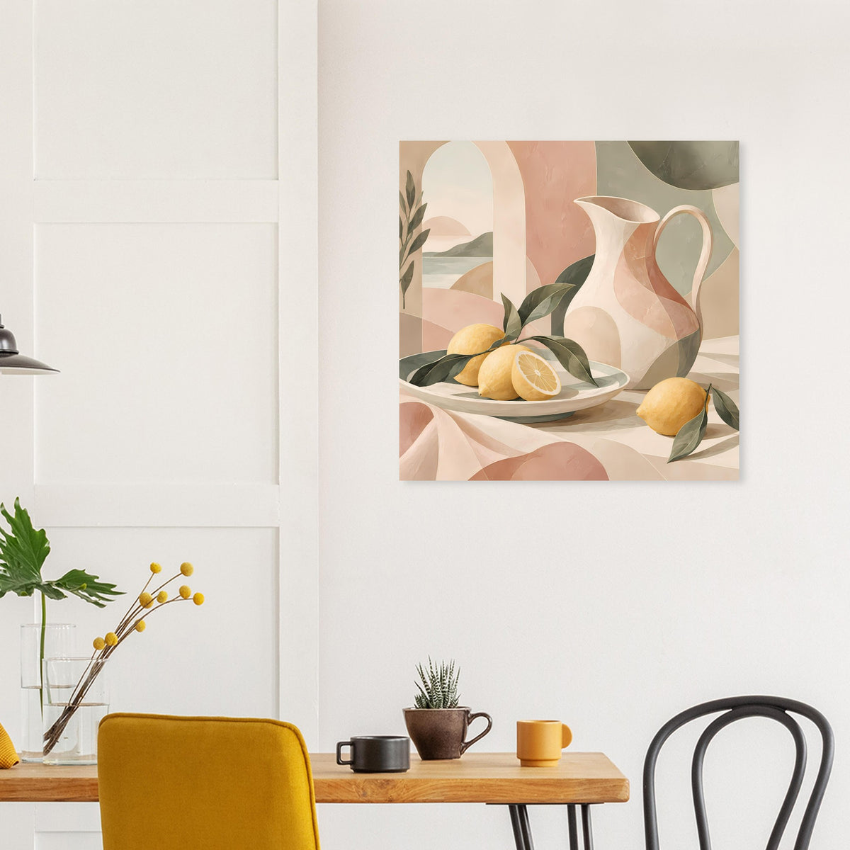 Mediterranes Stillleben-Poster mit Vase und Zitronen, umrahmt von Olivenzweigen im Pastell.