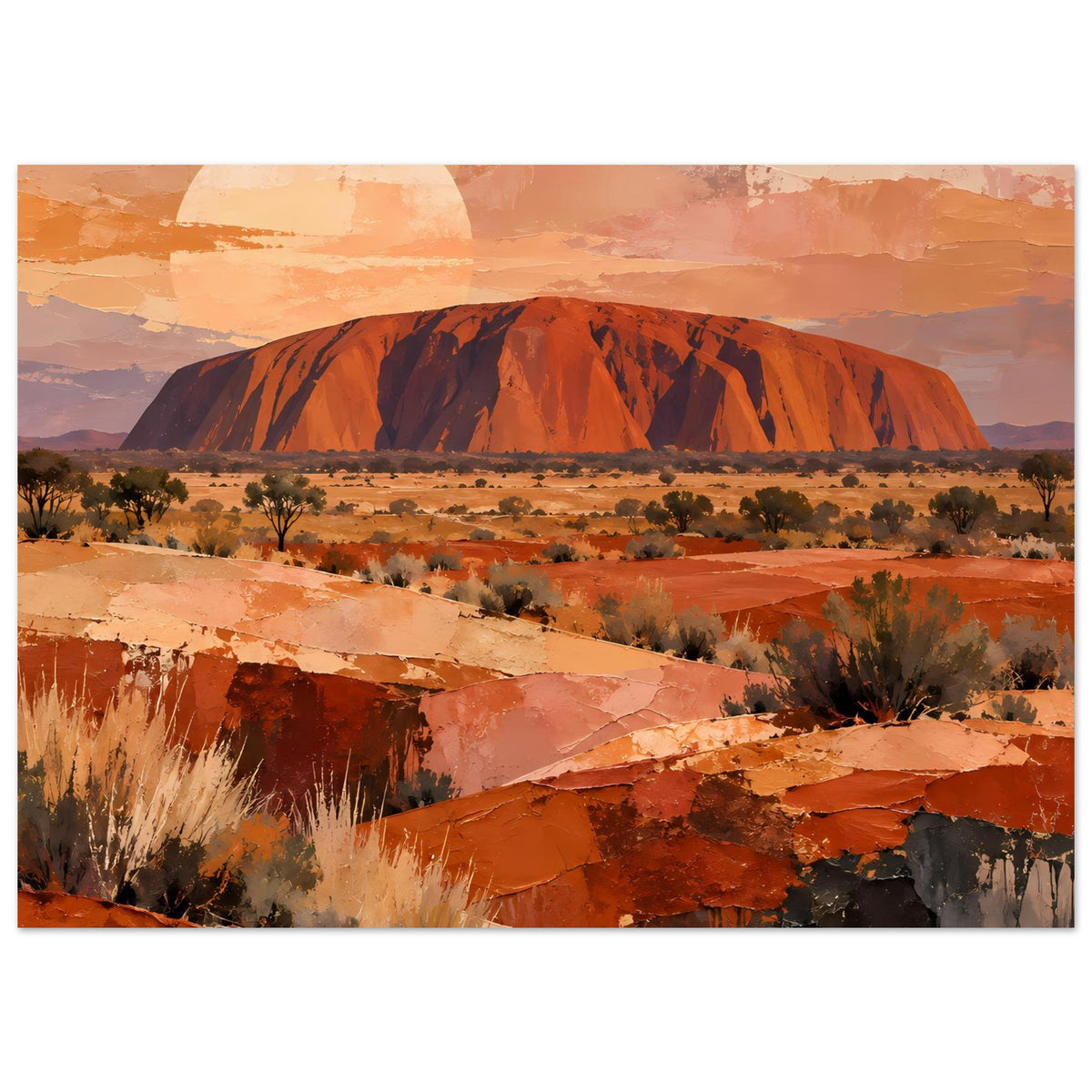 Wandposter Wüstenlandschaft mit rotem Felsen, Sträuchern und großer Sonne, warm