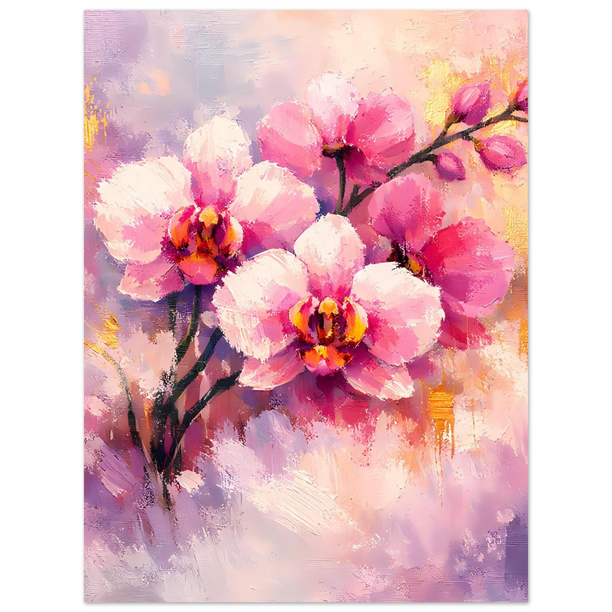 Poster mit rosa Orchideen und weißen Blüten, dunklem Zweig, goldene Akzente