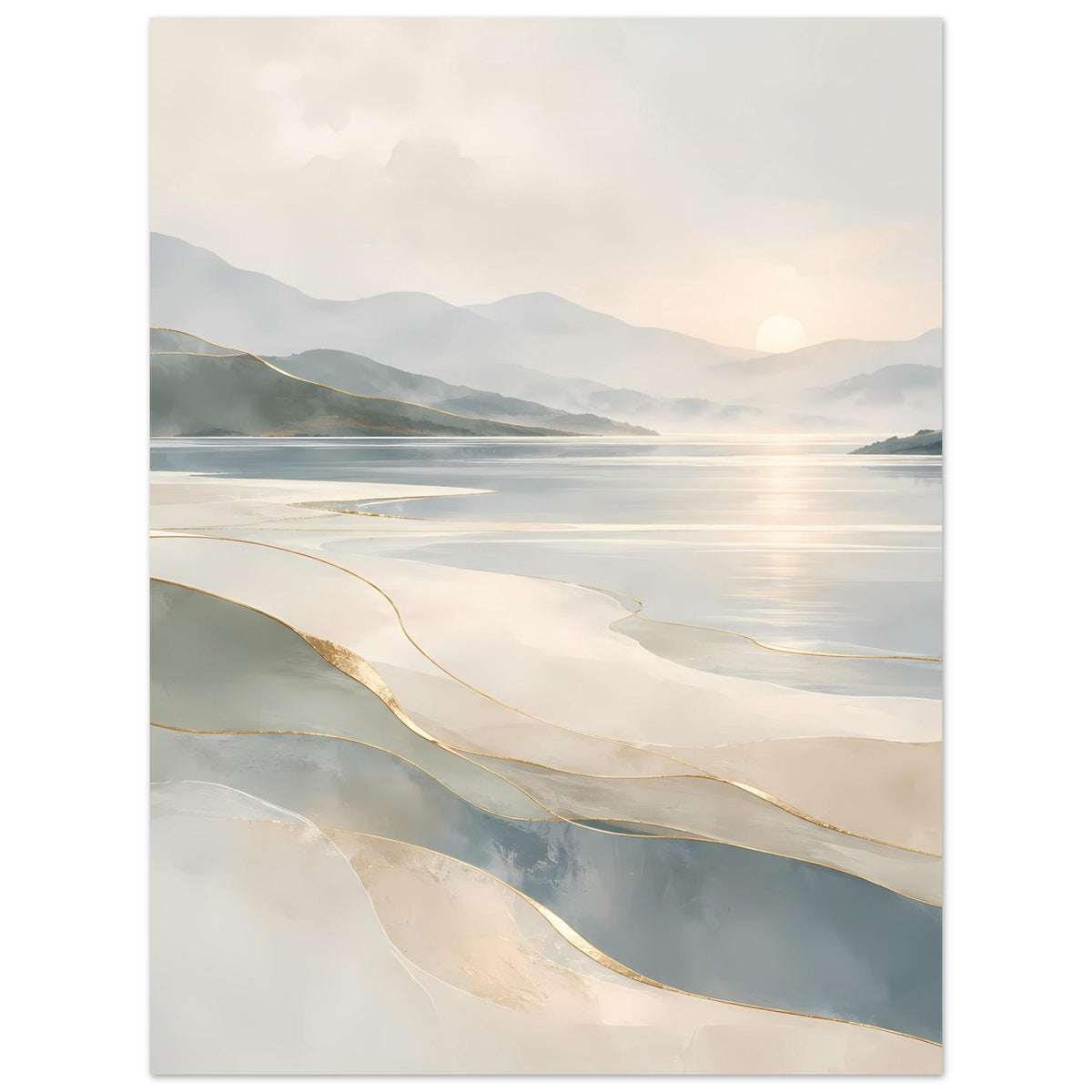 Hochformat-Poster mit Meer und Bergen im Hintergrund, Beige, Grau, goldfarbene Linien