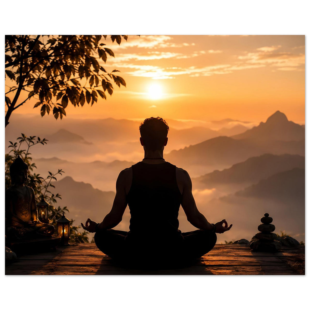 Meditationsposter: sitzende Person vor Bergkulisse, Sonnenlicht, Steinhaufen rechts, Holzplanken