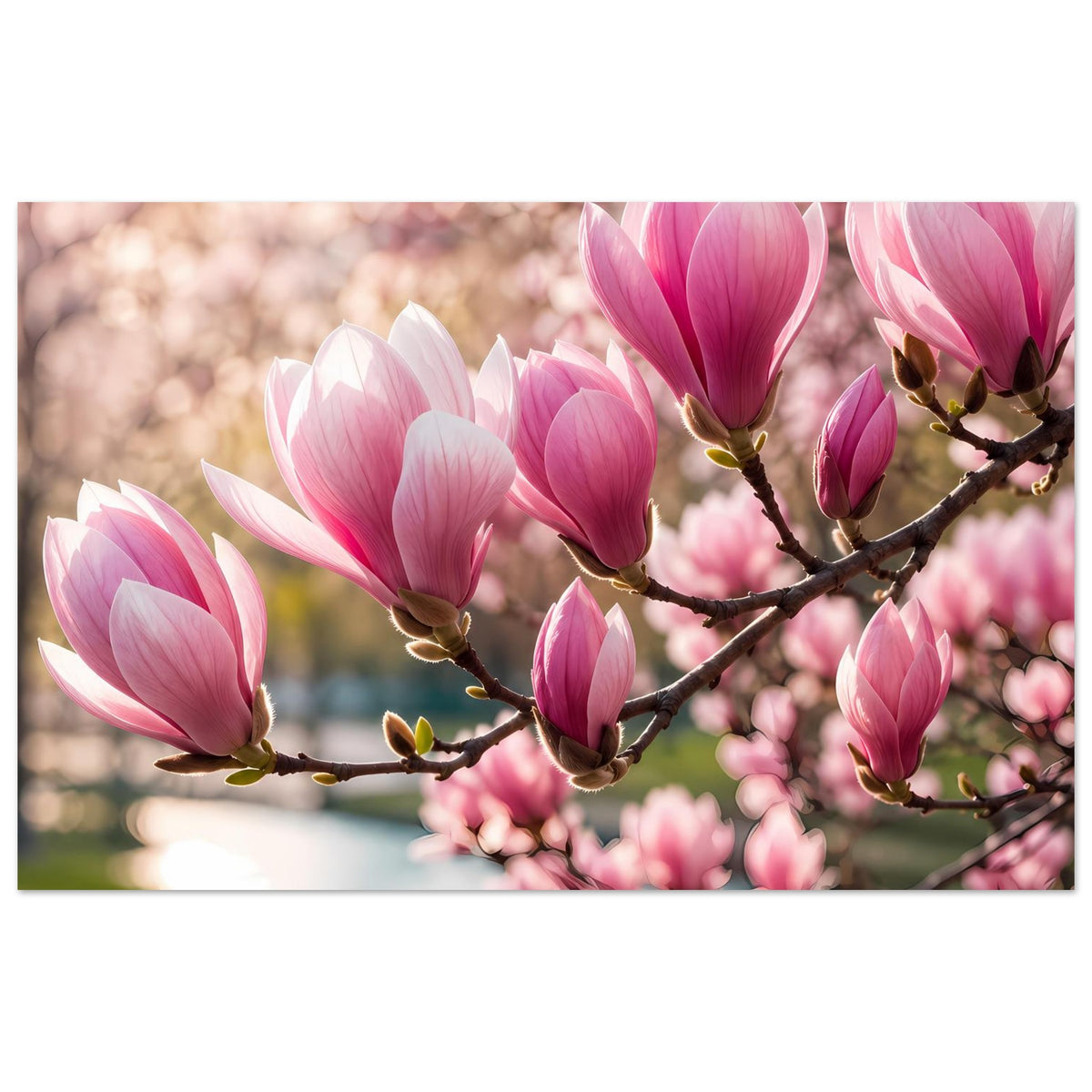 Blumenposter mit Magnolienblüten in Rosa und Weiß an brauner Astgabel