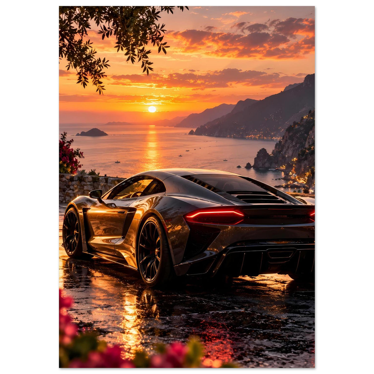 Poster mit Luxus-Sportwagen beim Sonnenuntergang, Front-3/4, rote Rücklichter, nasse Straße