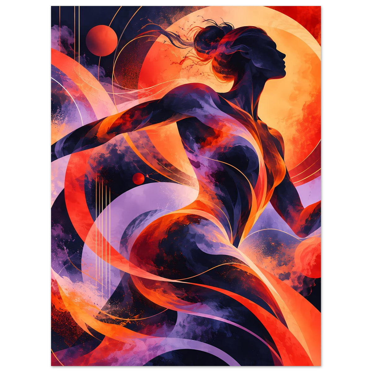 Kunstdruck-Poster, vertikal: abstrakte Frauenfigur in orangefarbenem Hintergrund, violette Akzente