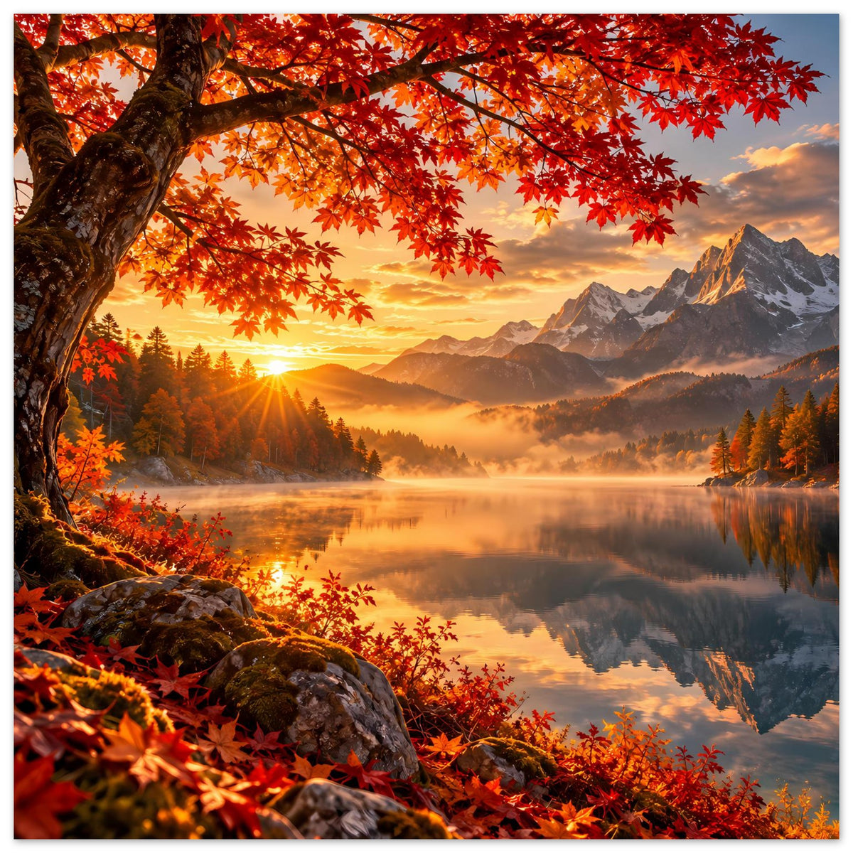 Herbstliches Sonnenaufgangs-Poster mit Rahmenrand, Ahornblättern, Sonne und spiegelndem See