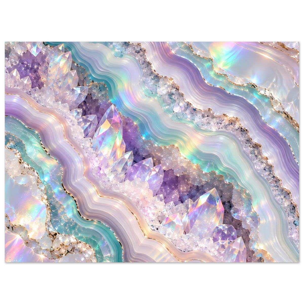 Holografisches Kristall-Geodenposter, horizontal: lila Kristalle und türkisfarbene Wellen