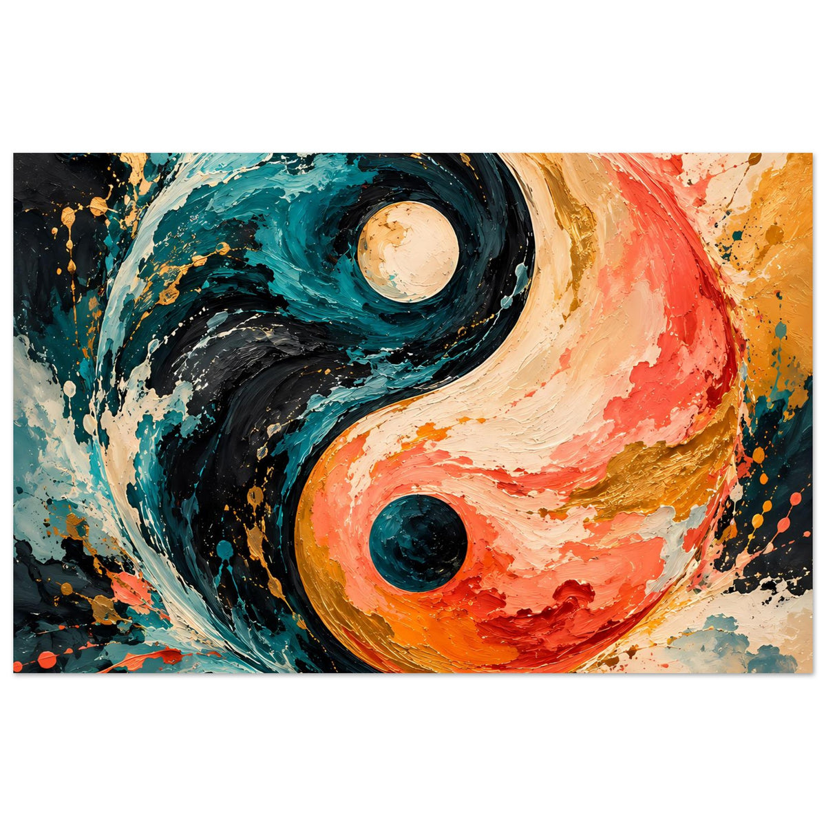 Abstraktes Yin-Yang-Poster: Blau, Schwarz, Orange mit Kreisformen, quer