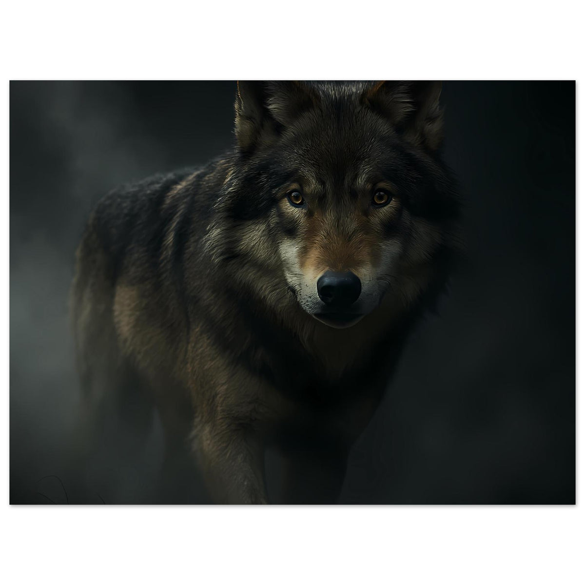 Wolfporträt-Poster, horizontal: grauer Wolf, Augen im Fokus