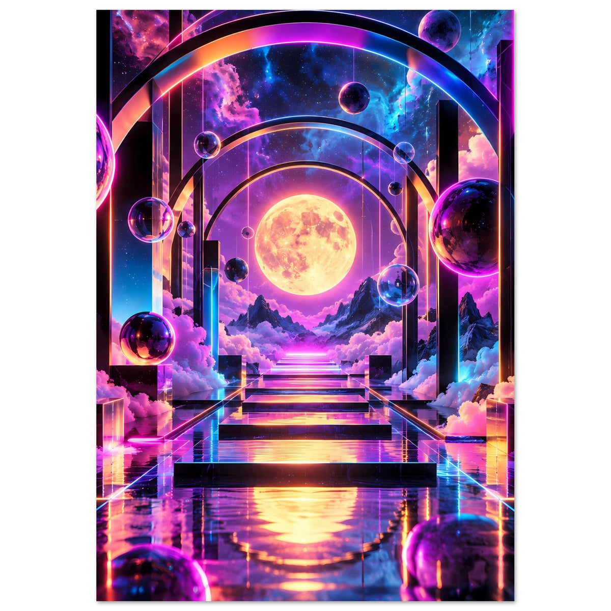 Vertikales Poster mit leuchtender Sonne, violettem Neon, Planeten und Wolken über Boden