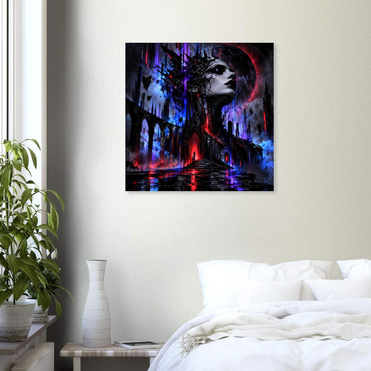 Rechteckiges Gothic-Fantasy-Poster mit Frauenkopf im Neon-Look, Rot- und Blauakzenten