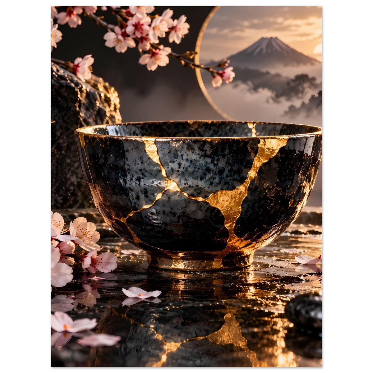 Kintsugi-Elegance-Poster (hochkant) mit goldenen Rissen in schwarzer Schale und Kirschblüten