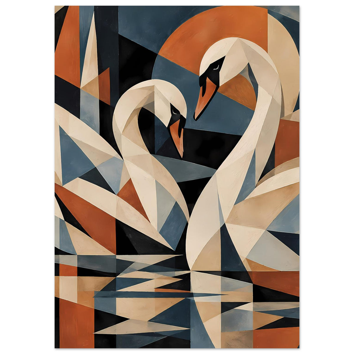 Abstraktes Schwanenposter: großer Schwanenkopf und Ringe aus Beige, Blau und Orange