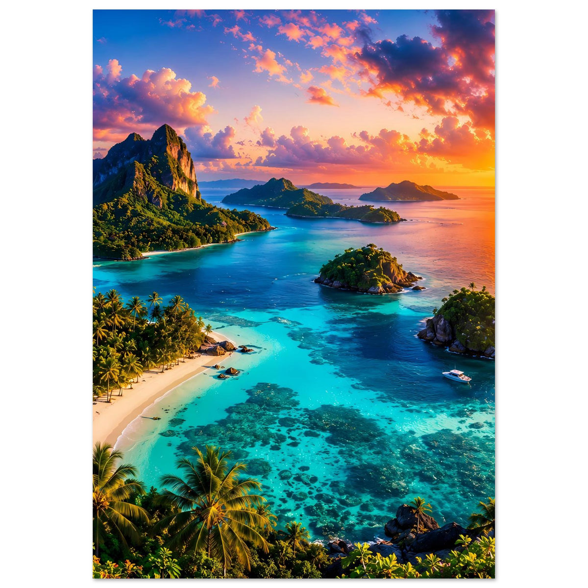Vertikales Poster: türkisblaues Meer, Inselchen und Palmenlandschaft bei Sonnenuntergang