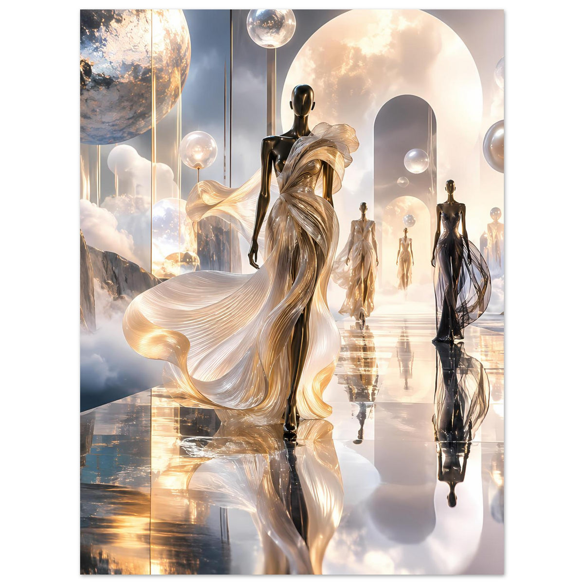Etherealer Kunstdruck-Poster mit goldener Frau im wallenden weißen Gewand und Figuren
