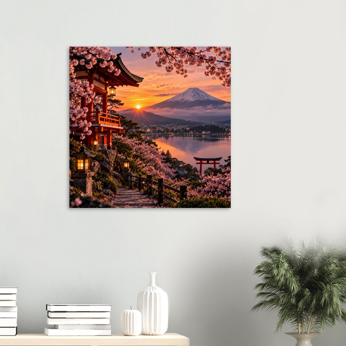 Kleines Premium-Poster mit Kirschblüten und Berg Fuji bei Sonnenuntergang, mit Torii