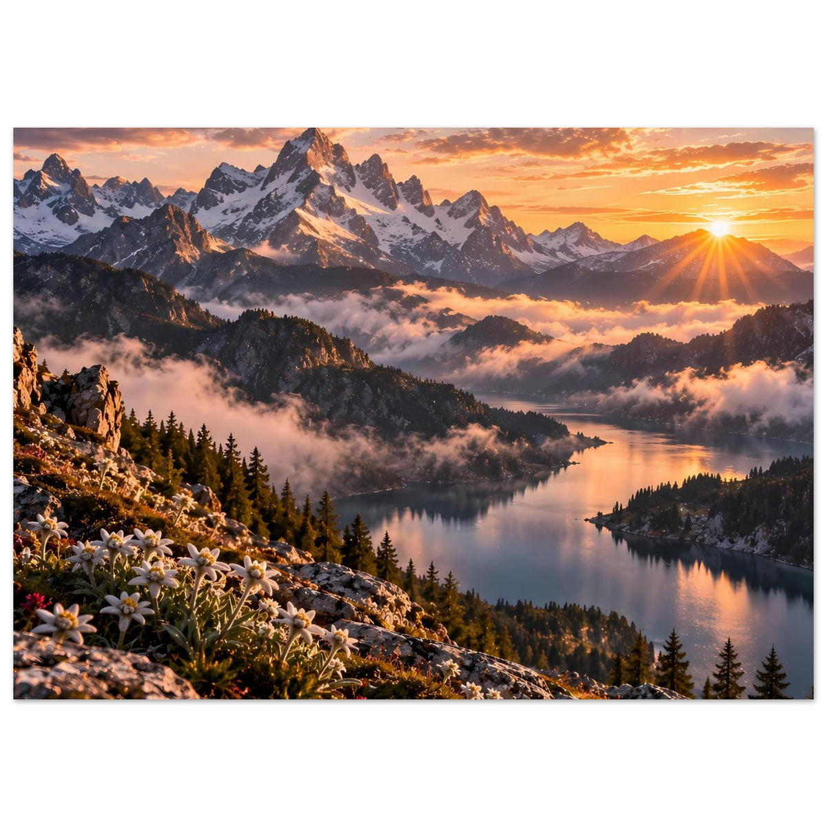 Sonnengold Poster: Bergsee bei Sonnenaufgang, schneebedeckte Felsen und Nebel über dem Tal