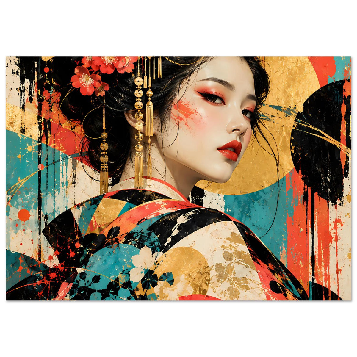 Kunstdruck mit Geisha-Porträt und dekorativem Kimono im Querformat, bunte Farbflächen