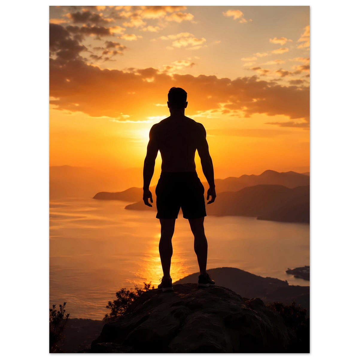 Kunstdruck-Poster, vertikal: Mann-Silhouette steht zentriert auf Felsen bei Sonnenuntergang