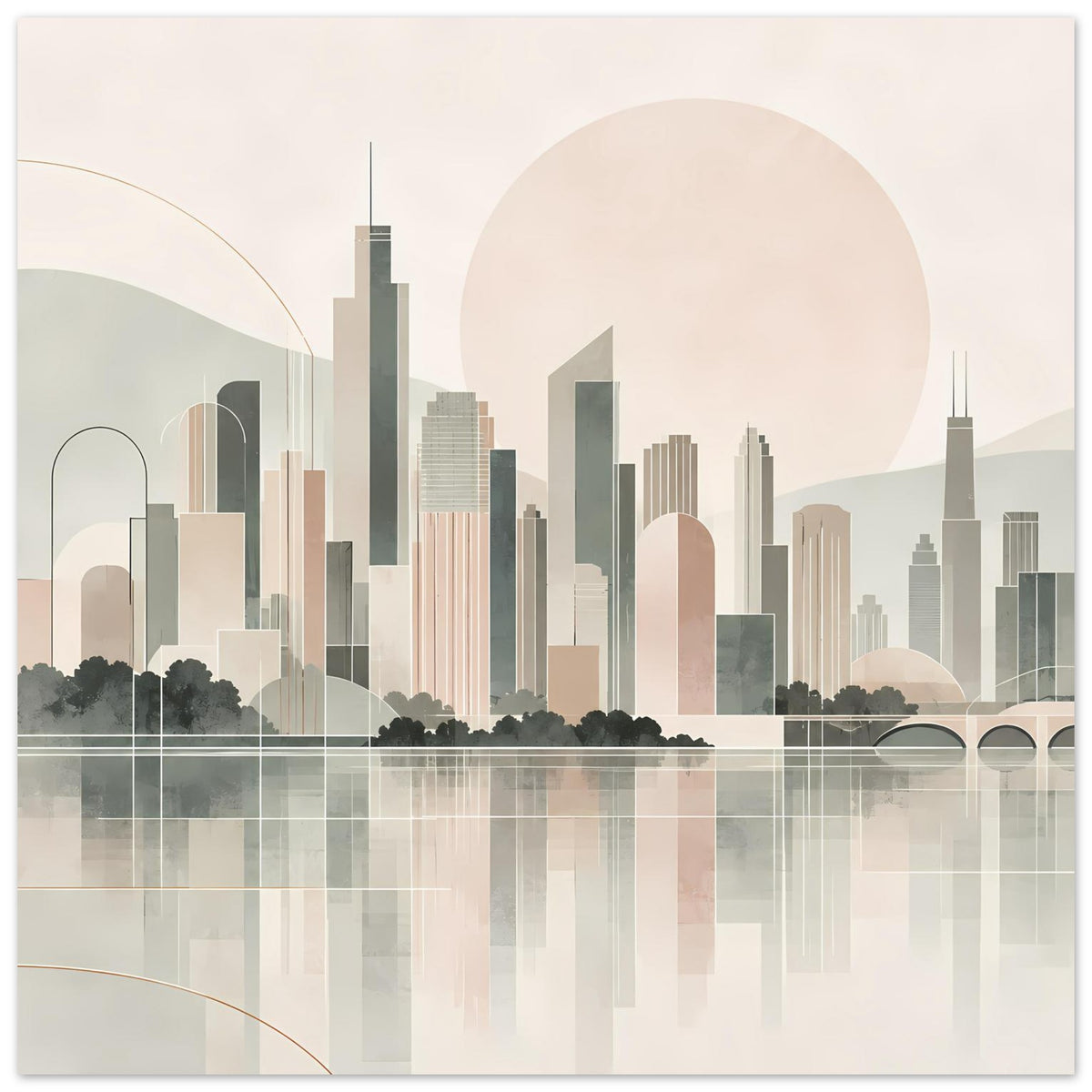 Stadtposter im Hochformat mit minimalistischer Skyline, großer Sonnenscheibe und Spiegelung