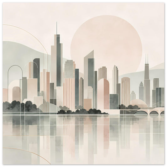 Stadtposter im Hochformat mit minimalistischer Skyline, großer Sonnenscheibe und Spiegelung