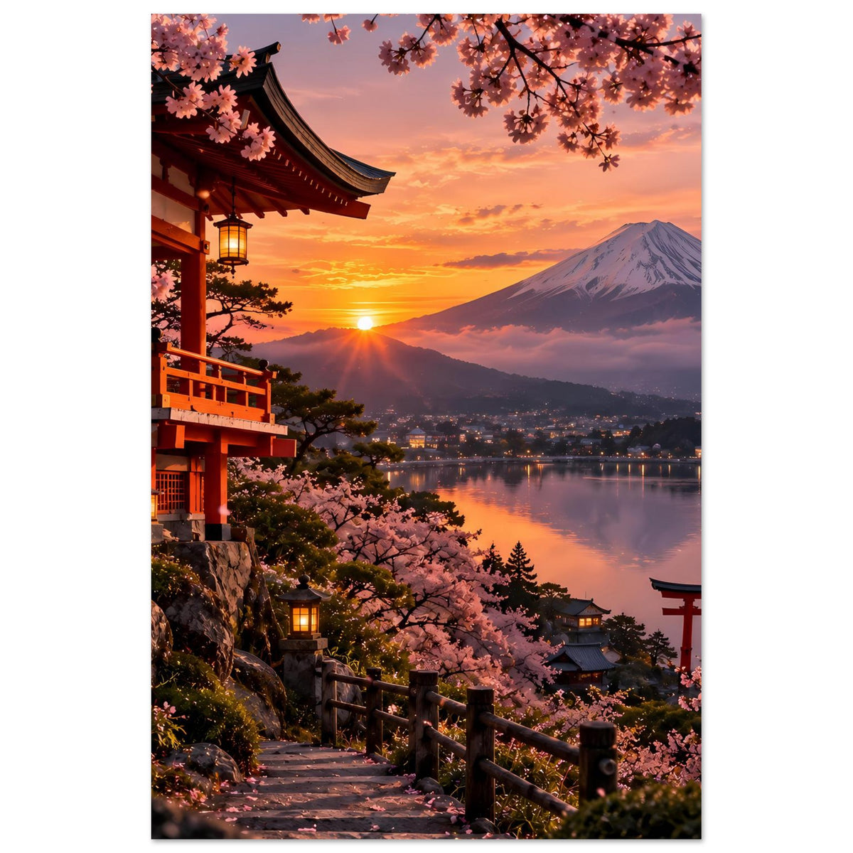 Vertikales Japanisches Kirschblütenposter mit Tempel, rosa Blüten, Vulkanberg und See