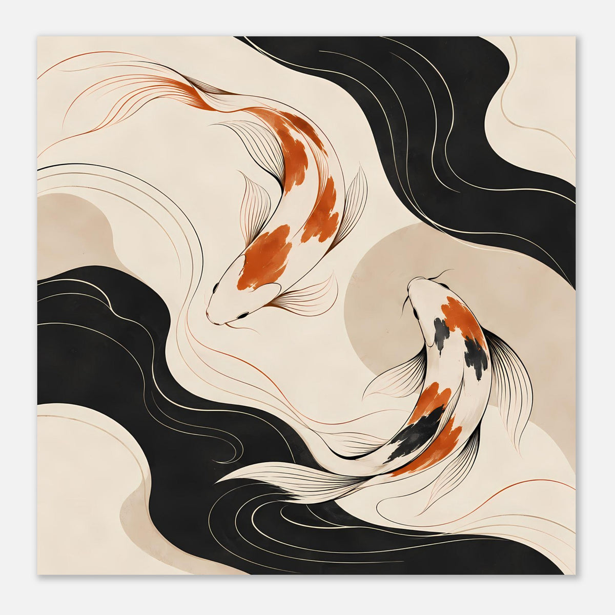 Koi-Fisch-Poster, quadratischer Ausschnitt: orange-schwarze Fische zwischen beigeweißen Wellen