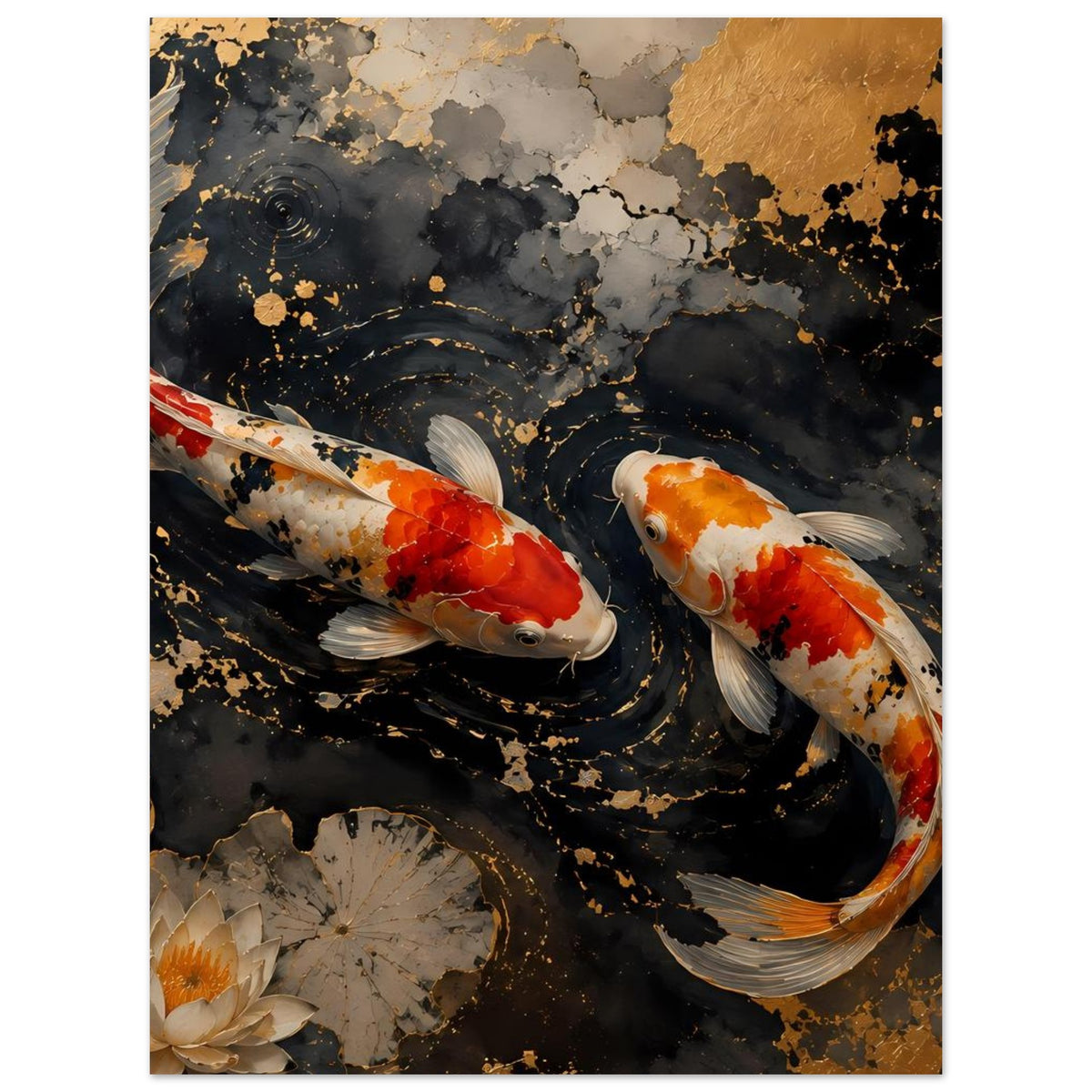 Hochformatiges Koi-Karpfen-Poster mit zwei Fischen im schwarzen Wasser und goldenen Details