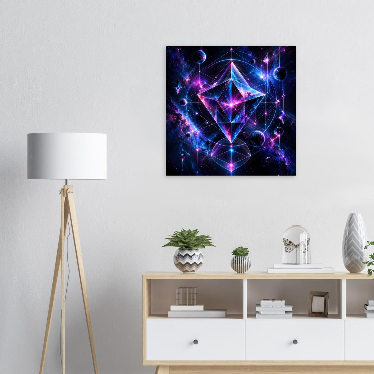 Quadratisches Wandposter: futuristisches Sternmuster mit leuchtenden Linien in Blau/Violett