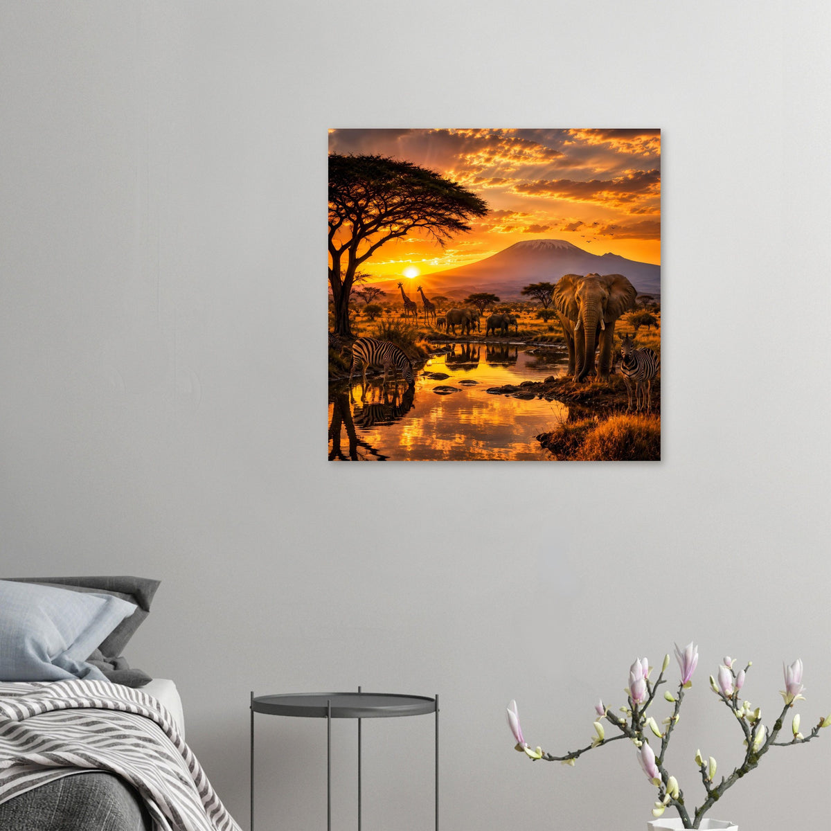 Wandposter: Elefant und Zebraherde am Fluss in der Savanne mit goldenem Sonnenuntergang