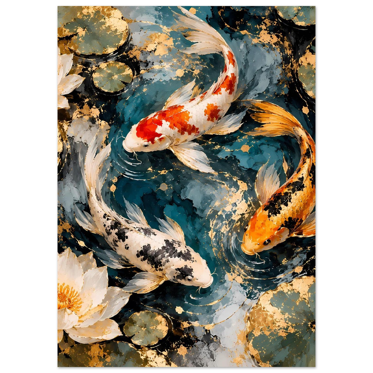 Koi-Pond-Kunstposter im Hochformat: ein Koi in Rot-Weiß und ein gelb-orangener Koi, Lotus am Rand.