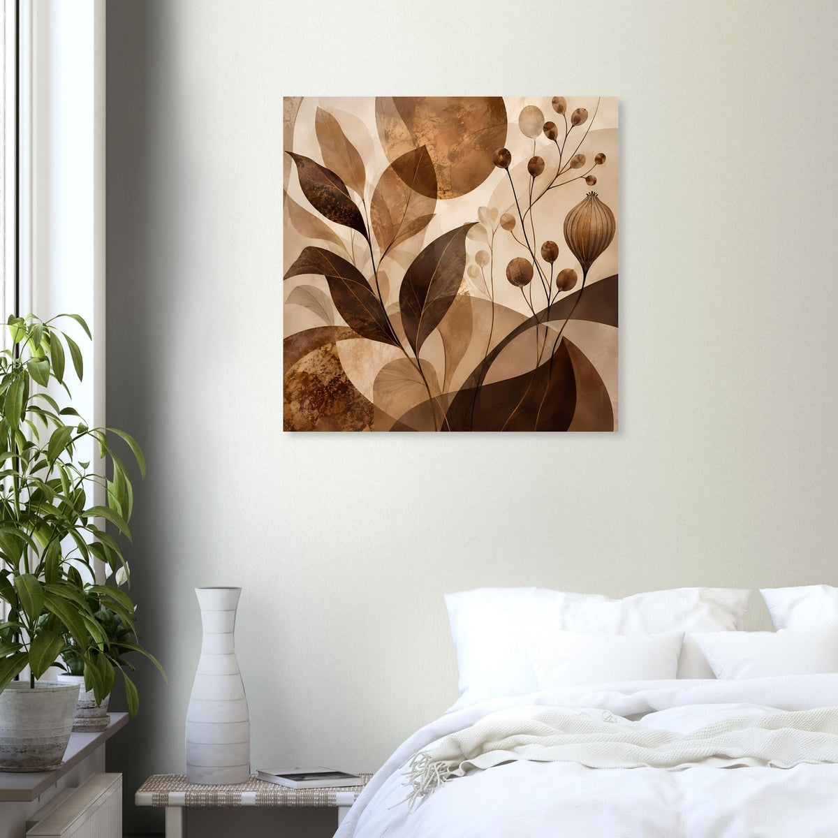 Wandposter mit abstraktem Blumenmotiv: Blätter und Blüten in warmen Braun- und Beigetönen